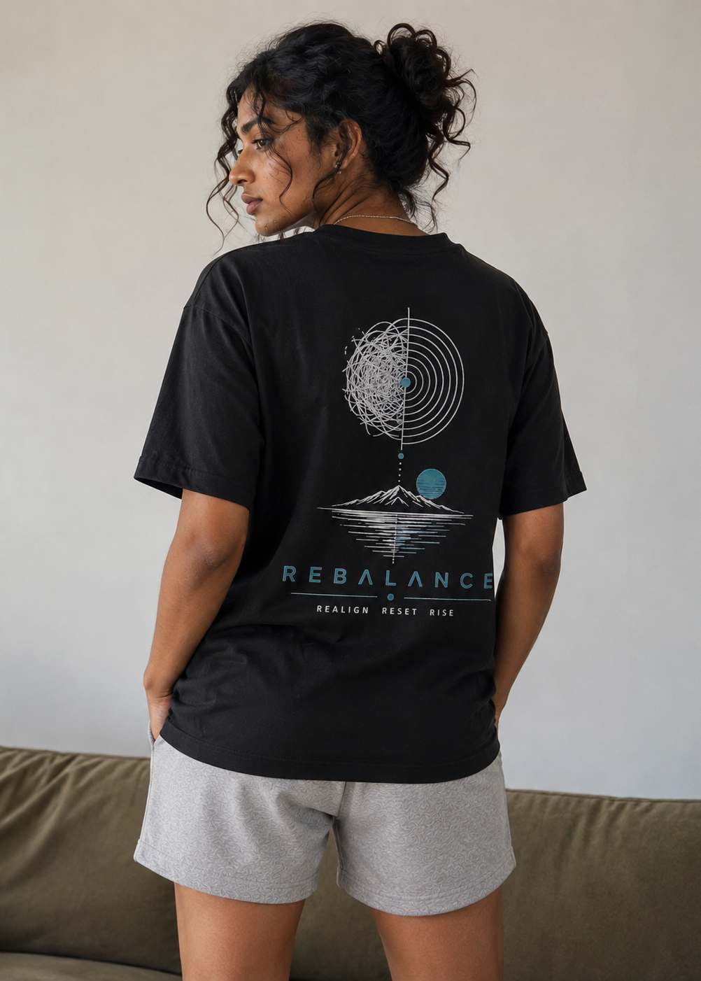 Black Women's Relaxed Fit Cotton T-Shirt | Rebalance Mountain Scene