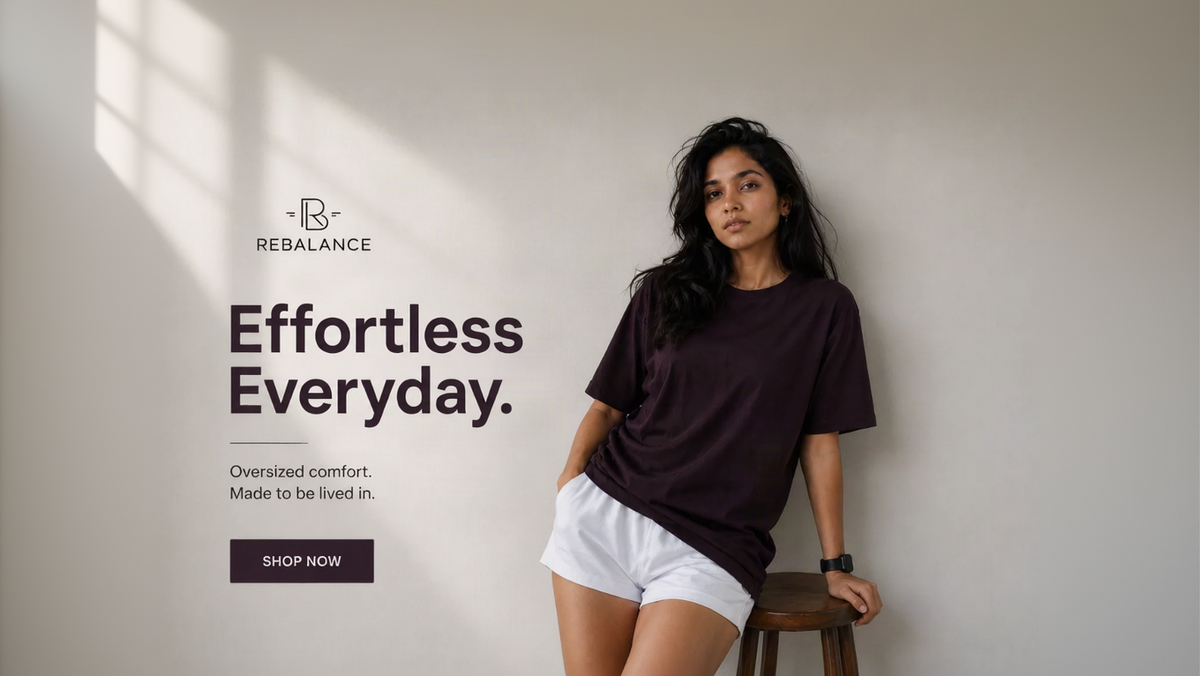 A woman leans against a light wall wearing an oversized dark plum-purple t-shirt and white shorts, with a wooden stool beside her. The left side features promotional text for REBALANCE reading 'Effortless Everyday.