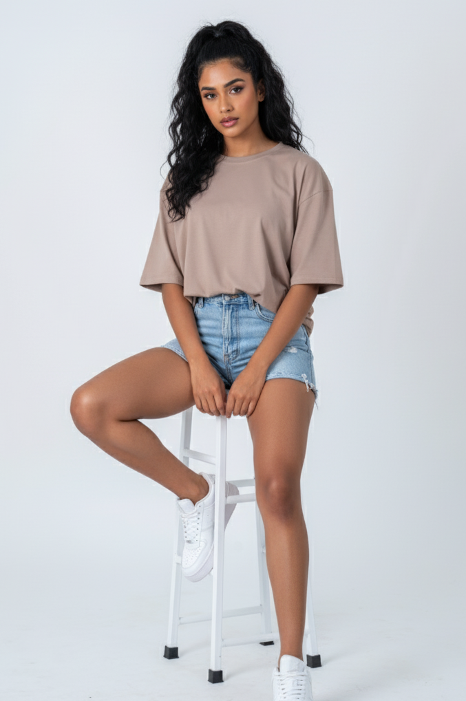 Beige Women's Relaxed Fit Cotton T-Shirt