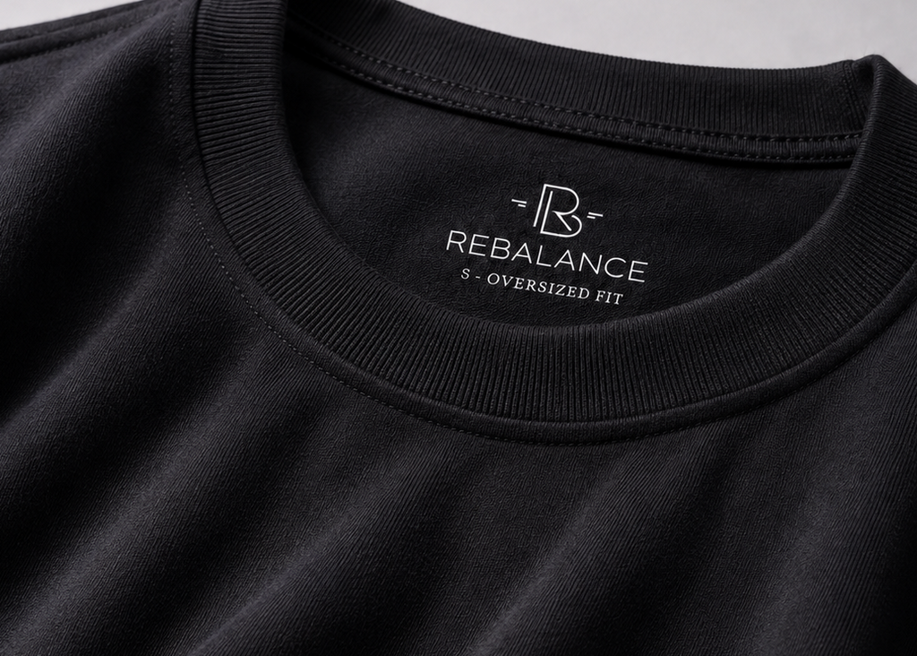 Close-up of a black crewneck t-shirt showing the inner neck label with the brand name REBALANCE and '5-OVERRAISED FIT' printed in white.