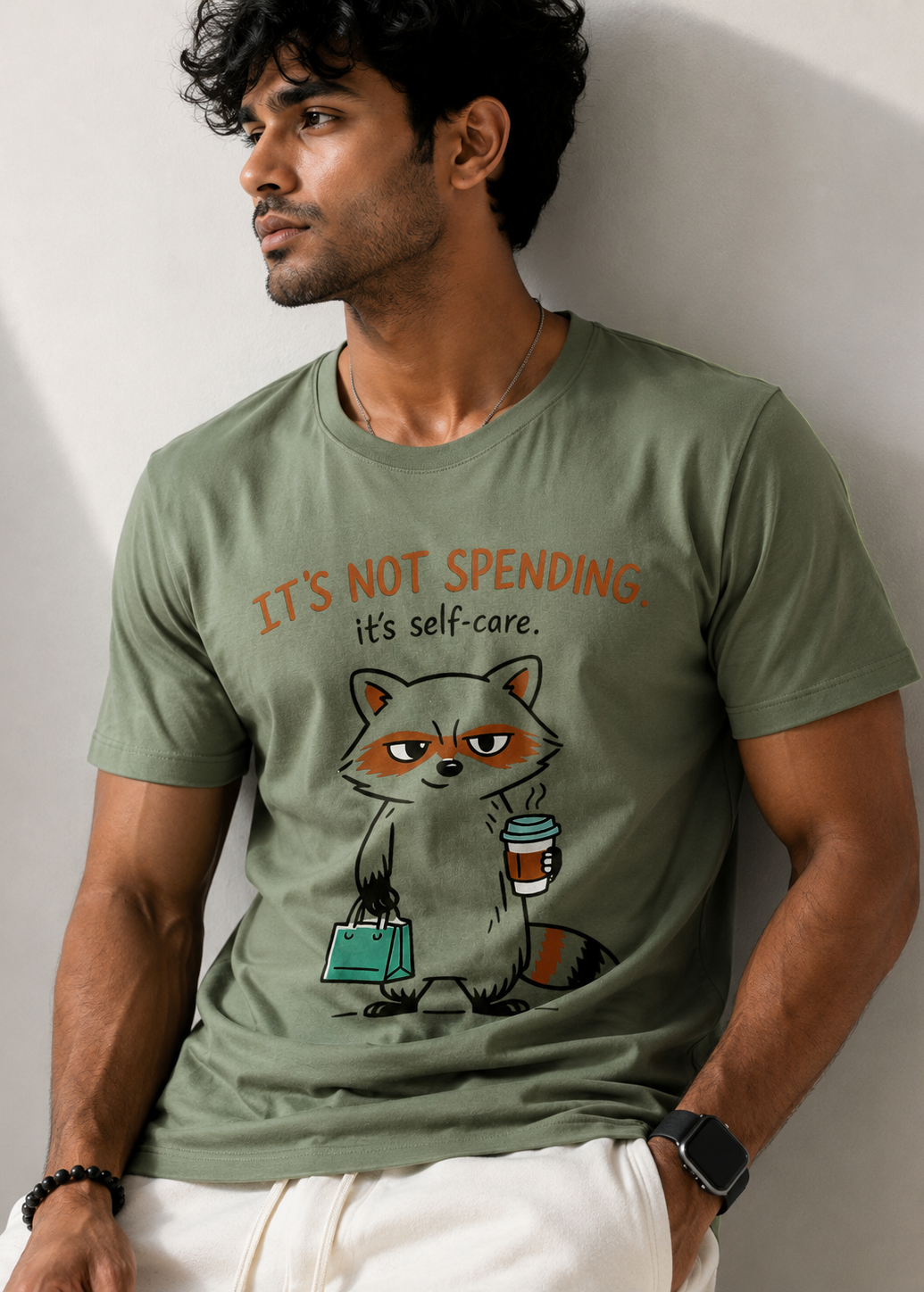 Moss Green Men Regular Fit | Premium Tshirt |Racoon's Self care